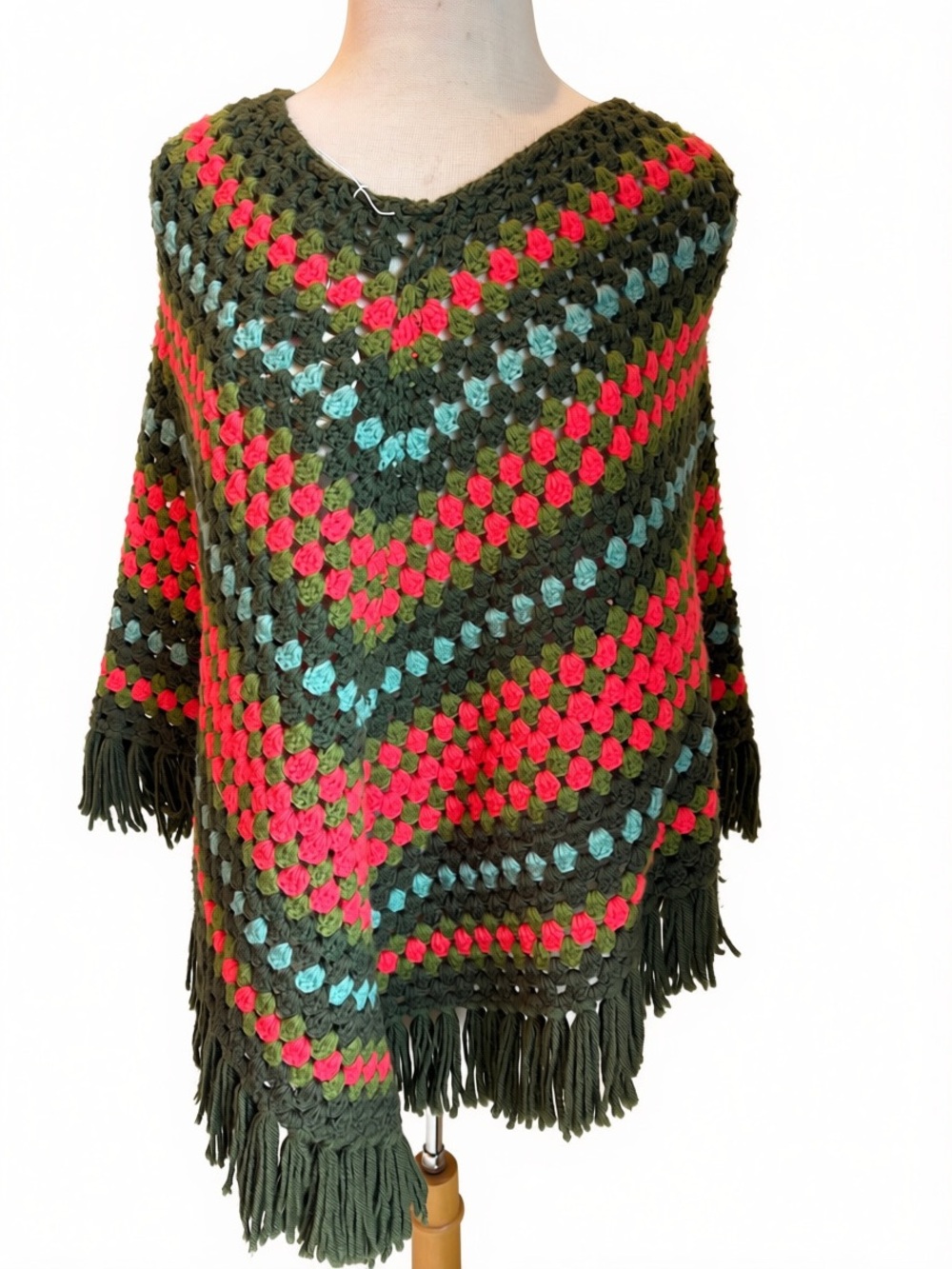 Olive Green Crochet Poncho with Pink & Teal Accents